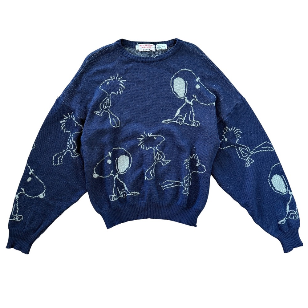 Bill Ditfort Snoopy Peanuts Wool Sweater AOP graphic Large Navy Blue white 90s